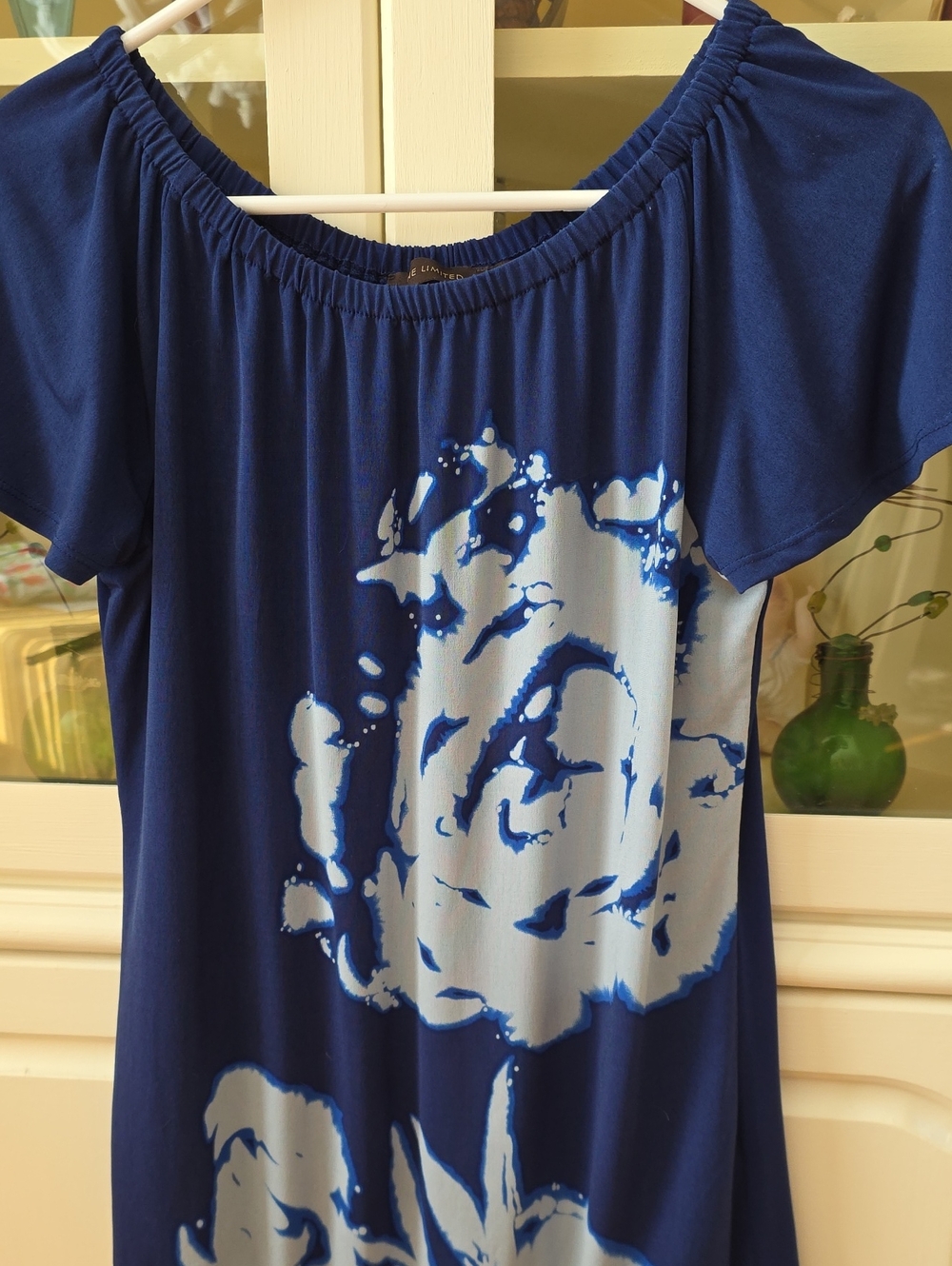 The Limited Navy Blue Floral Off-the-Shoulder Tunic with White Bloom